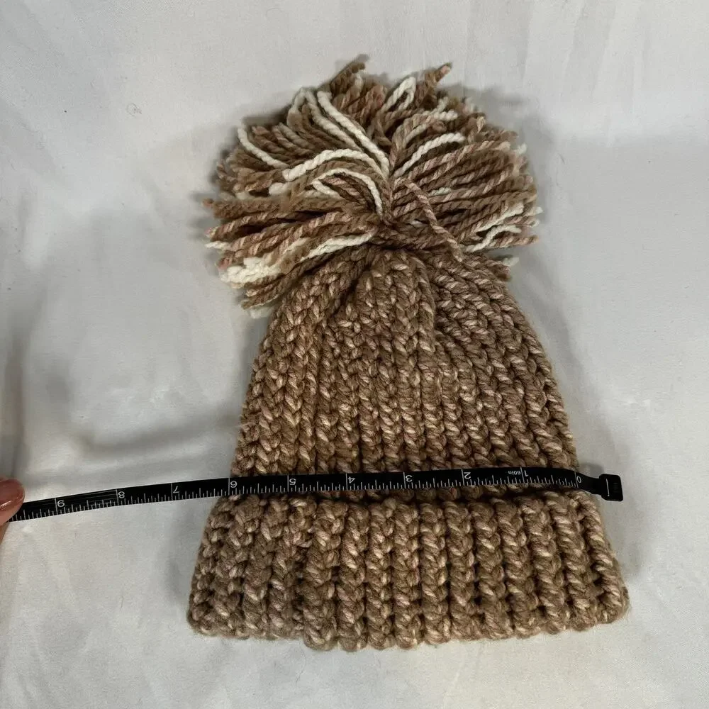 Kids Pink and Tan Beanie Hat With Pom Pom Top Sock Hat Warm Winter Cap